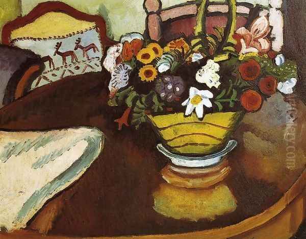 Still Life with Stag Cushion and Flowers Oil Painting by August Macke