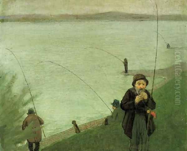 Fishing At The Rhine Oil Painting by August Macke