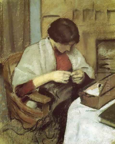 Elisabeth Gerhardt Sewing (Elisabeth Gerhardt Nahend) 1909 Oil Painting by August Macke