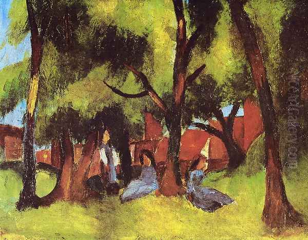 Children under Trees in Sun Oil Painting by August Macke