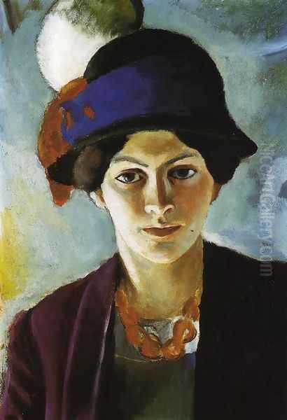 Portrait of the Artist's wife Elisabeth with a Hat (Frau des Kunstlers mit Hut) 1909 Oil Painting by August Macke