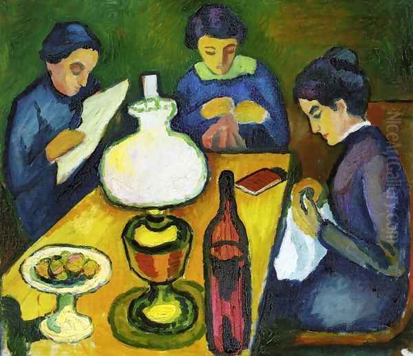 Three Women at the Table by the Lamp Oil Painting by August Macke