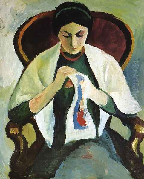 Woman Embroidering in an Armchair: Portrait of the Artist's Wife Oil Painting by August Macke