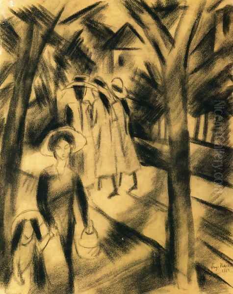 Woman with Child and Girls on a Road Oil Painting by August Macke