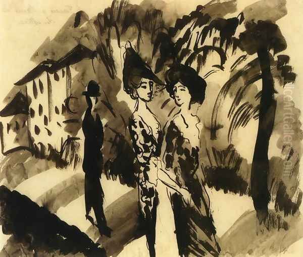 Two Women and an Man on an Avenue Oil Painting by August Macke