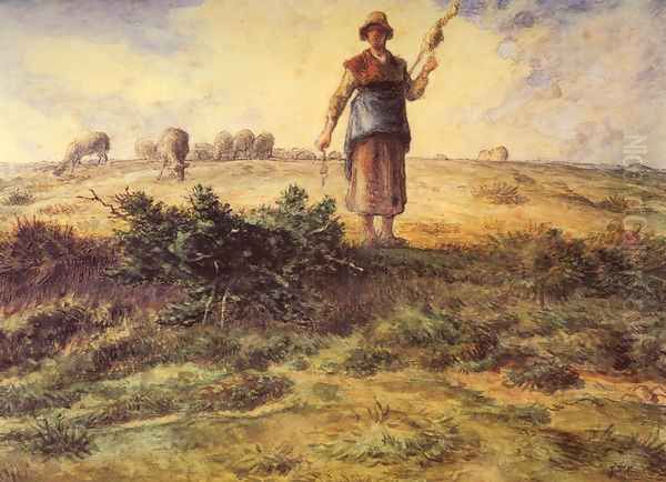 A Shepherdess And Her Flock Oil Painting by Jean-Francois Millet