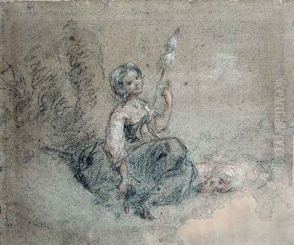 A Young Shepherdess Spinning Oil Painting by Jean-Francois Millet