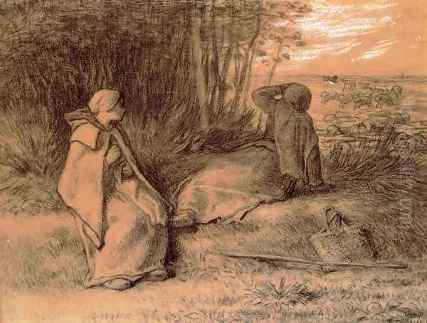 Shepherdesses Seated In The Shade Oil Painting by Jean-Francois Millet