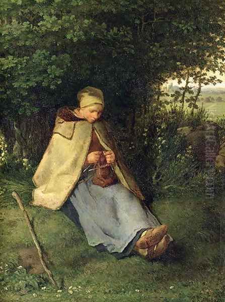 The Knitter or, The Seated Shepherdess, 1858-60 Oil Painting by Jean-Francois Millet