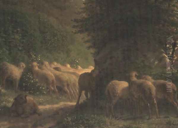 Sheep grazing along a hedgerow Oil Painting by Jean-Francois Millet