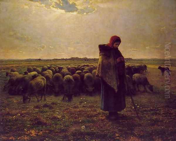 Shepherdess with her Flock, 1863 Oil Painting by Jean-Francois Millet