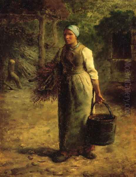 Woman Carrying Firewood and a Pail Oil Painting by Jean-Francois Millet