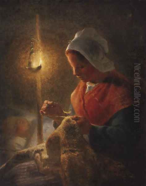 Woman Sewing By Lamplight 1870-1872 Oil Painting by Jean-Francois Millet