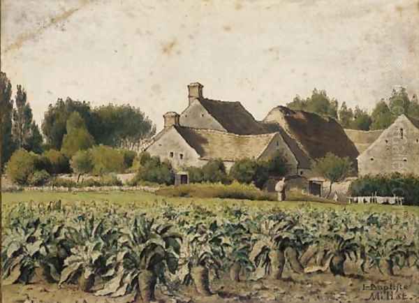 A landscape with a field of mangold wurzels, a hamlet with two figures beyond Oil Painting by Jean-Francois Millet