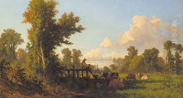 A cowherd watching over his flock in the shade Oil Painting by Jean-Francois Millet