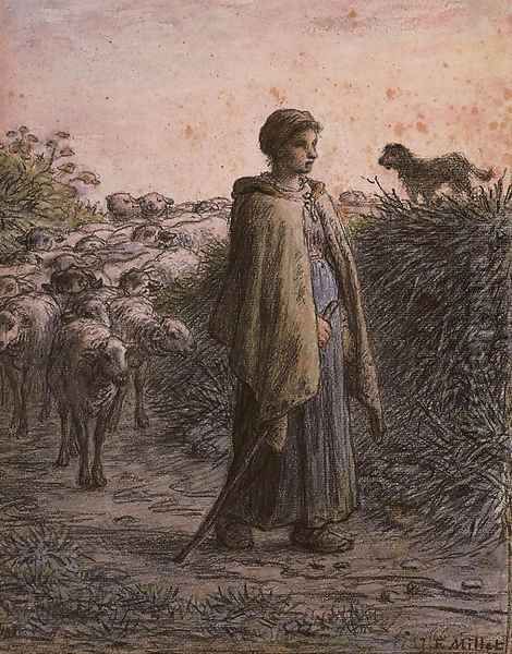 A sherpherdess with her flock, a dog on a bank to the right Oil Painting by Jean-Francois Millet