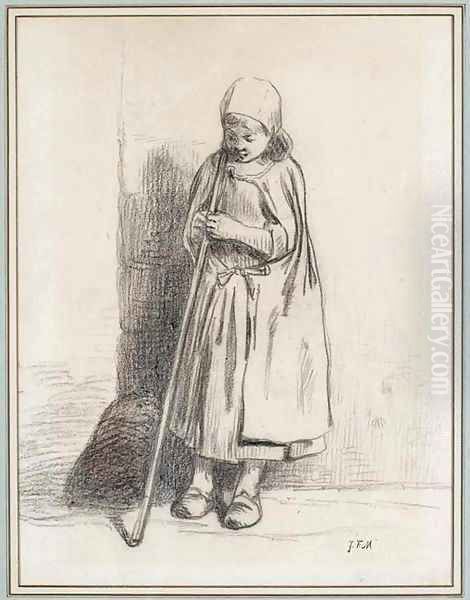 Filette adossee contre un mur et tenant un baton Oil Painting by Jean-Francois Millet