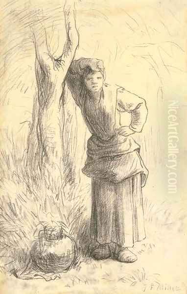 Milkmaid Leaning against a Tree Oil Painting by Jean-Francois Millet