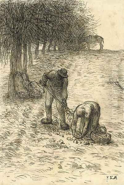 Peasants digging for potatoes, a donkey seen beyond Oil Painting by Jean-Francois Millet