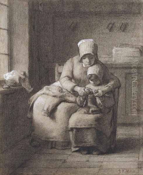 The knitting lesson Oil Painting by Jean-Francois Millet