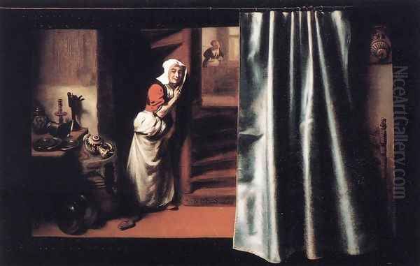 Eavesdropper with a Scolding Woman 1655 Oil Painting by Nicolaes Maes