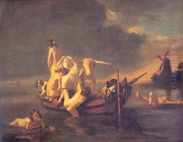 Boys Bathing (Attributed to Maes) Oil Painting by Nicolaes Maes