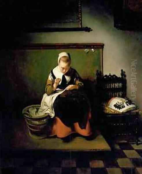 A Young Woman Sewing Oil Painting by Nicolaes Maes