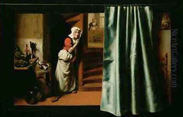 Eavesdropping on a Woman Scolding 1655 Oil Painting by Nicolaes Maes