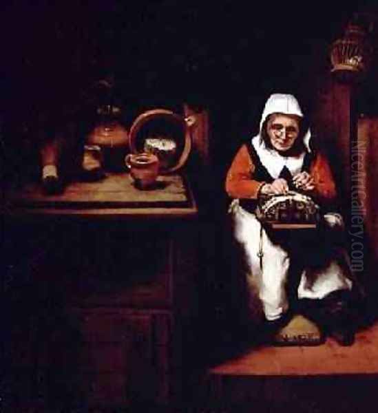 An old woman making lace in a kitchen Oil Painting by Nicolaes Maes