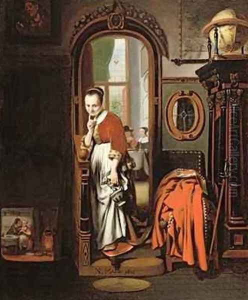 The Listening Housewife Oil Painting by Nicolaes Maes