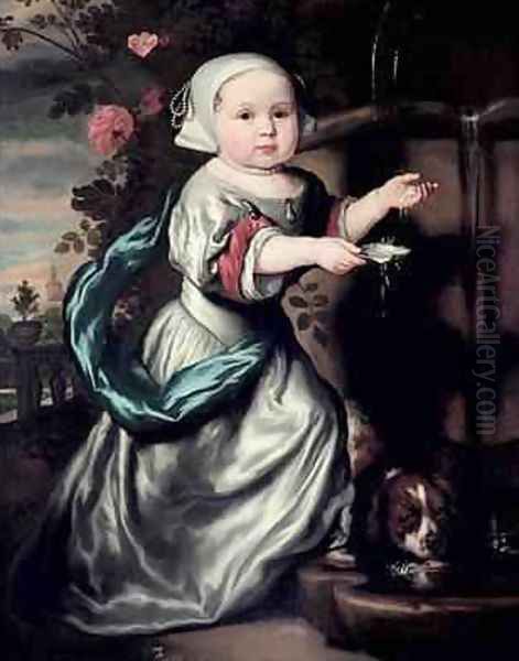 Young girl at a fountain 1662 Oil Painting by Nicolaes Maes