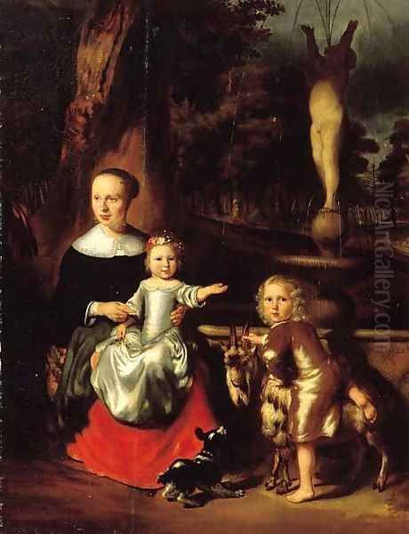 A group portrait of a mother and her two children by a fountain in a park she seated small full length Oil Painting by Nicolaes Maes