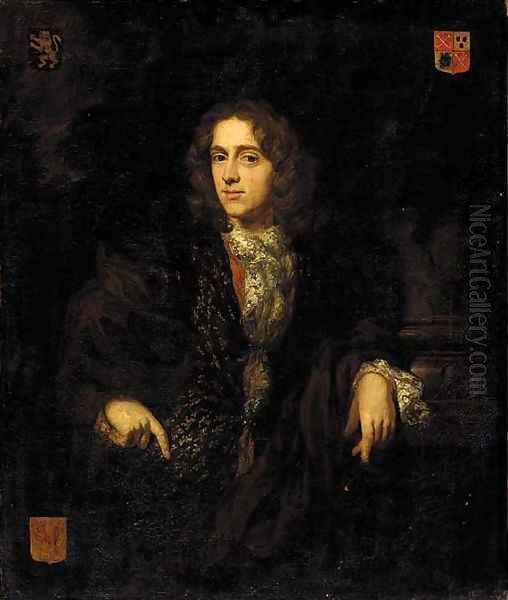 Portrait of Johannes Bouwens (1663-1720), half-length, in a brown jacket and an embroidered waistcoat, his left arm resting on the base of a column Oil Painting by Nicolaes Maes