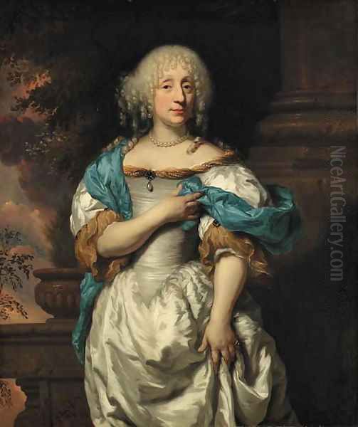 Portrait of a lady, three-quarter-length, in a white dress and a blue shawl, on a terrace, a wooded landscape beyond Oil Painting by Nicolaes Maes