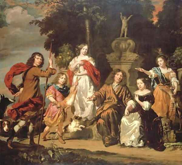 Group portrait of a family in an Italianate garden with an ornate fountain Oil Painting by Nicolaes Maes