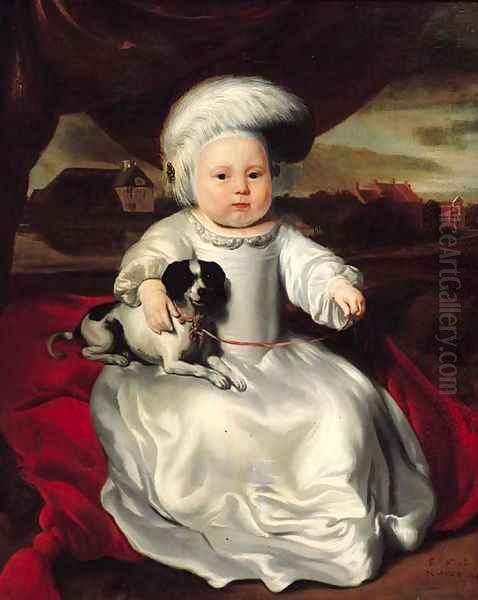 Portrait of a baby boy, seated on a cushion by a draped curtain, wearing a white satin dress and feathered hat, a pet dog on his lap Oil Painting by Nicolaes Maes