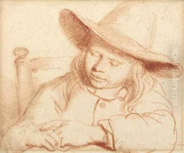 Portrait of a boy seated at a table sleeping Oil Painting by Nicolaes Maes