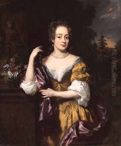 Portrait of a lady, three-quarter-length, in a brown dress and a purple mantle ,beside a pedestal in a landscape Oil Painting by Nicolaes Maes