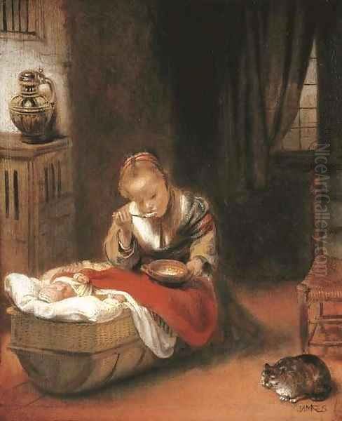 An interior with a young girl eating curds from a bowl, and an infant in a wicker cradle, a cat before a chair beside them Oil Painting by Nicolaes Maes