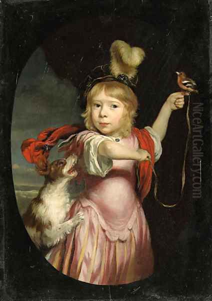 Portrait of a boy as Cupid, three-quarter-length, in classical costume, wearing a feathered hat, holding a bullfinch, a spaniel beside him Oil Painting by Nicolaes Maes