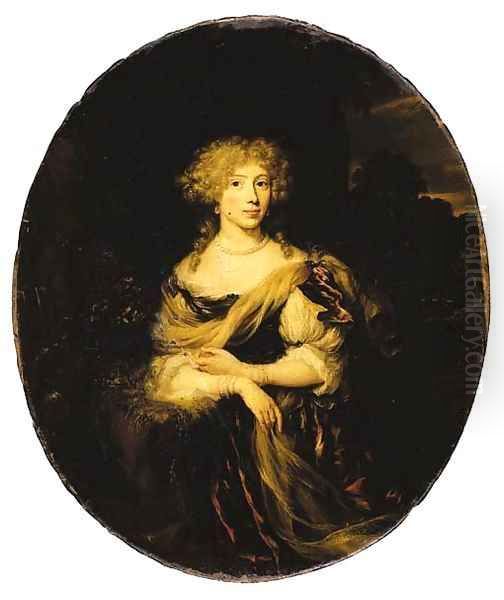 Portrait of a lady, three-quarter-length, in a red dress and wearing a string of pearls, a landscape beyond by Nicolaes Maes