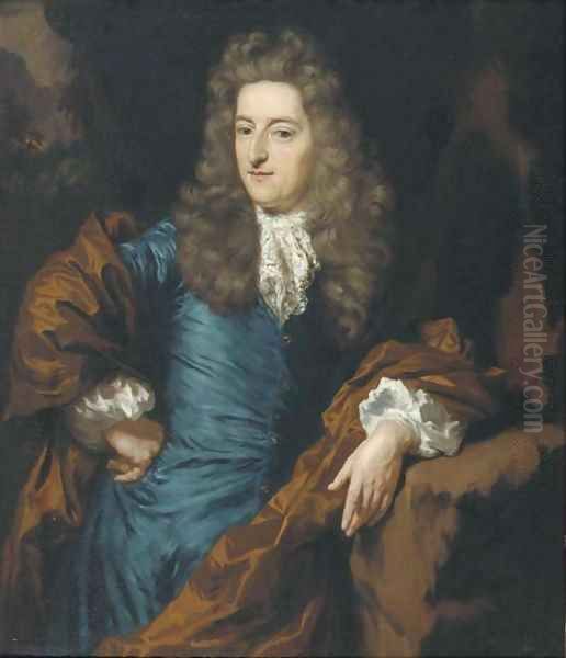 Portrait of a nobleman, three-quarter-length, in a satin blue waistcoat brown mantle and wig, in a landscape Oil Painting by Nicolaes Maes