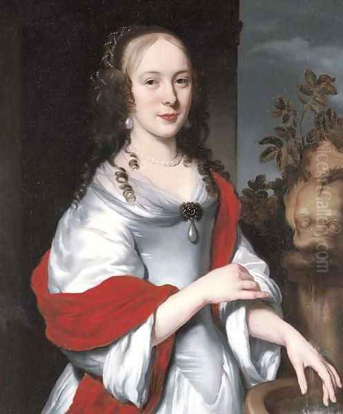 Portrait of lady, three-quarter-length, in a satin dress with a red shawl, by a fountain Oil Painting by Nicolaes Maes