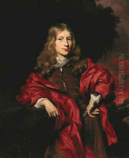 Portrait of a gentleman, small three-quarter-length, in a brown tunic with a red cloak in a wooded landsape at sunset Oil Painting by Nicolaes Maes