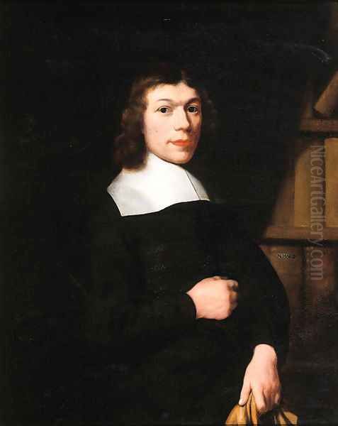 Portrait of a young man, standing three quarter length by a bookcase, wearing dark costume and a lace collar, holding gloves Oil Painting by Nicolaes Maes