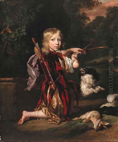 Portrait of a youth, small full-length kneeling, in classical style costume, drawing a bow, a dead rabbit beside him, with a spaniel Oil Painting by Nicolaes Maes