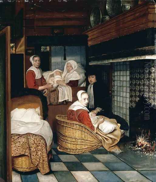 Interior with a Family and Two Nurses before a Fire 1670s Oil Painting by Cornelis De Man