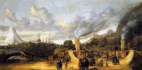 The Whale-oil Factory on Jan Mayen Island 1639 Oil Painting by Cornelis De Man