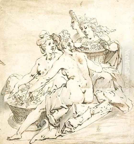 A group of four nude women holding two baskets of flowers Oil Painting by Karel Van Mander