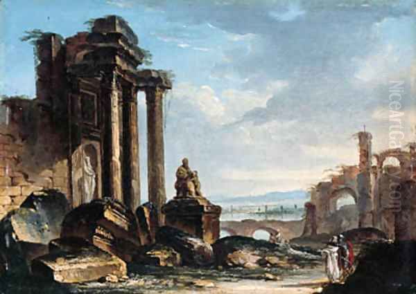 A capriccio of classical ruins with figures conversing in the foreground Oil Painting by Gustave Moreau